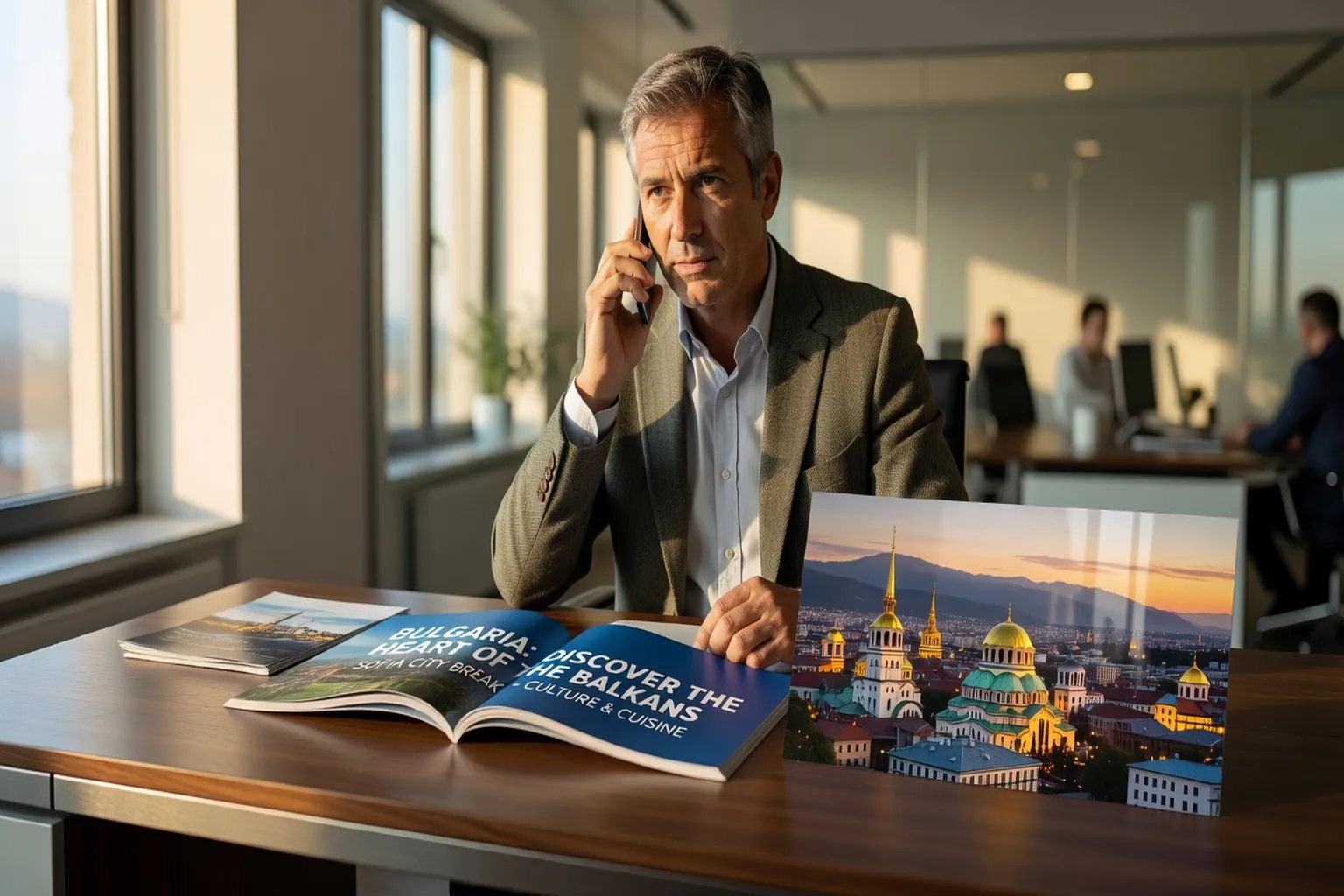 Conseillère francophone spécialisée Bulgarie au téléphone avec un client, brochure de voyage et vue de Sofia