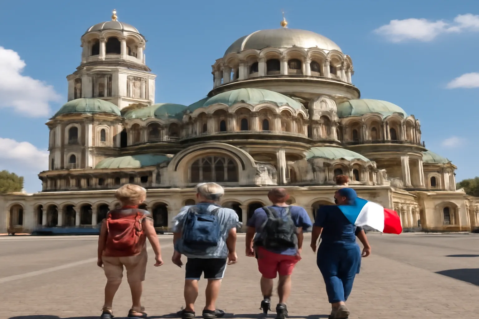 Groupe de touristes francophones sur la place de la cathédrale Alexandre Nevski à Sofia lors d'un circuit accompagné en Bulgarie