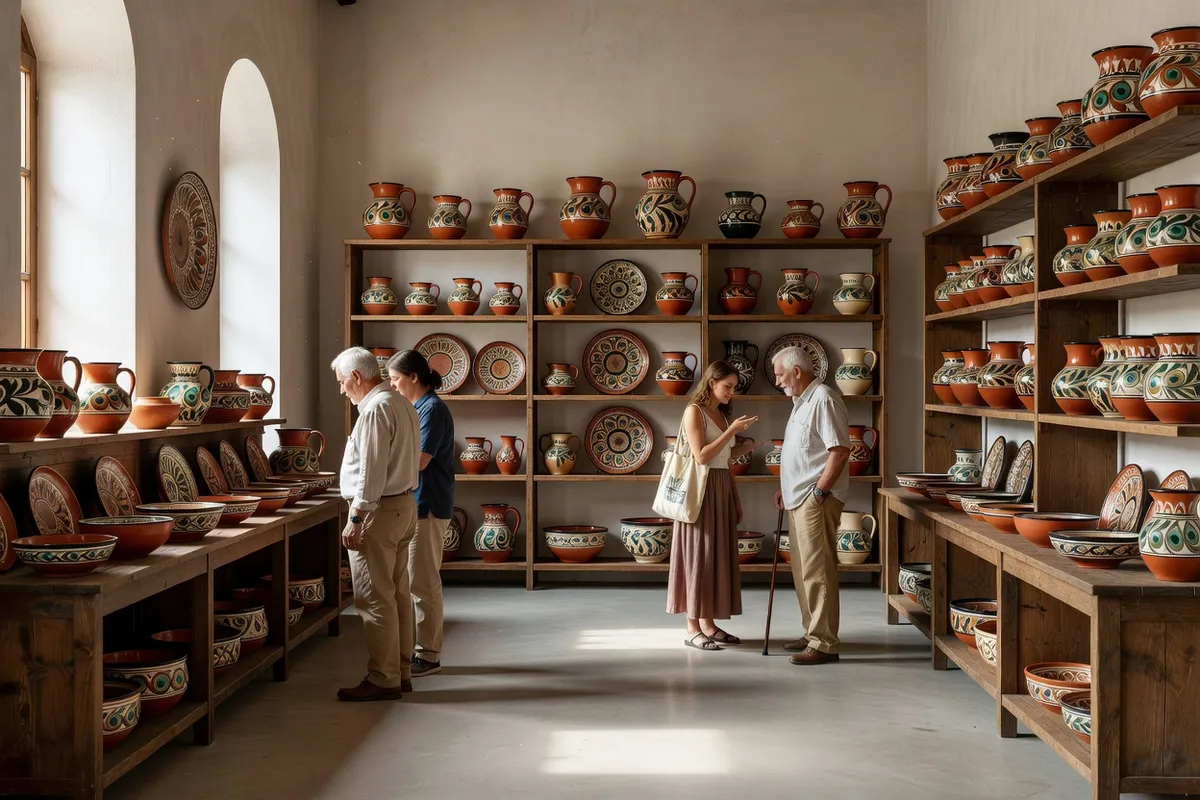 Étagères de poteries décorées de Troyan observées par des visiteurs dans un espace d’exposition
