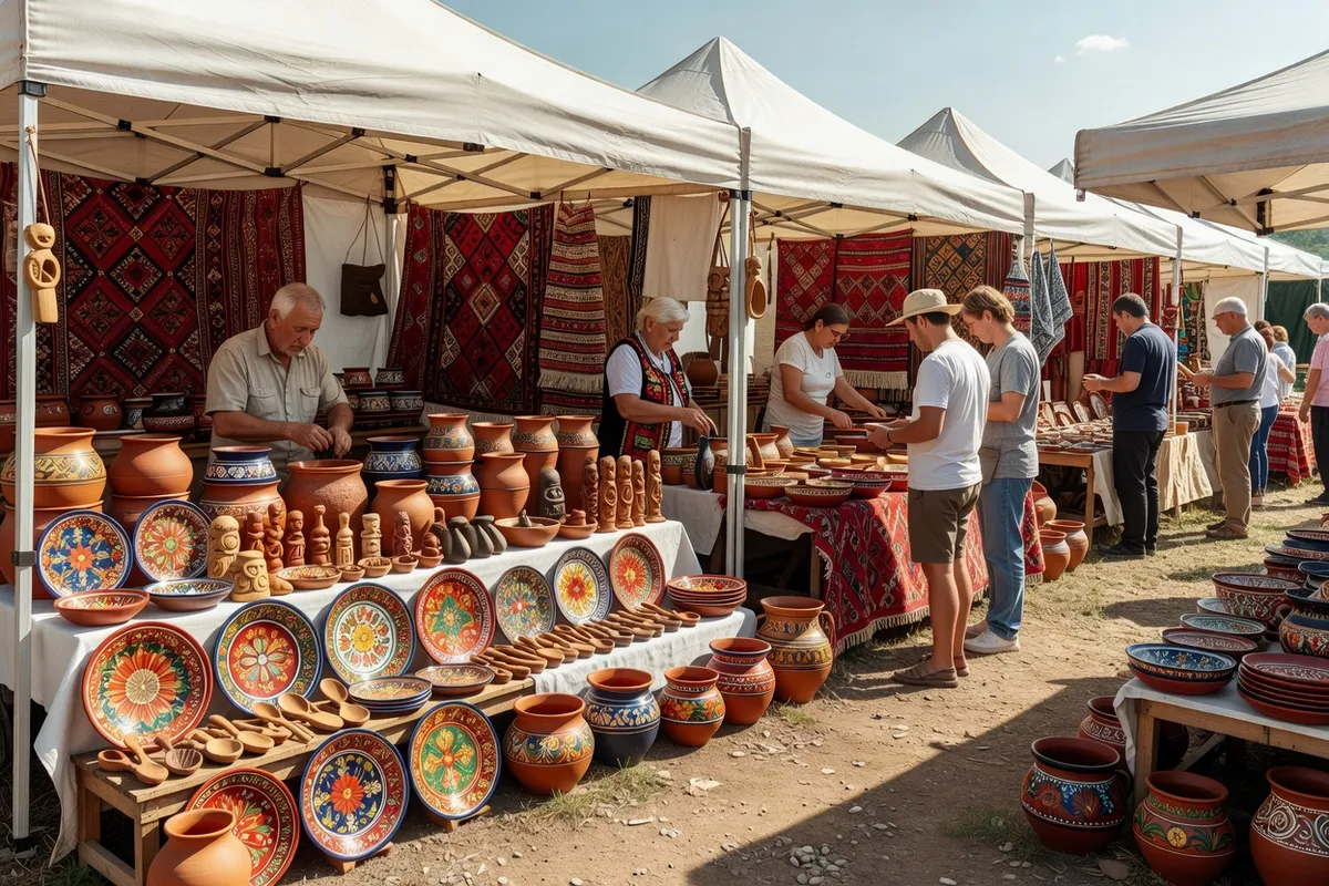 Marché d’artisans d’Oreshak en Bulgarie, étals de poteries et de souvenirs sous des tentes blanches