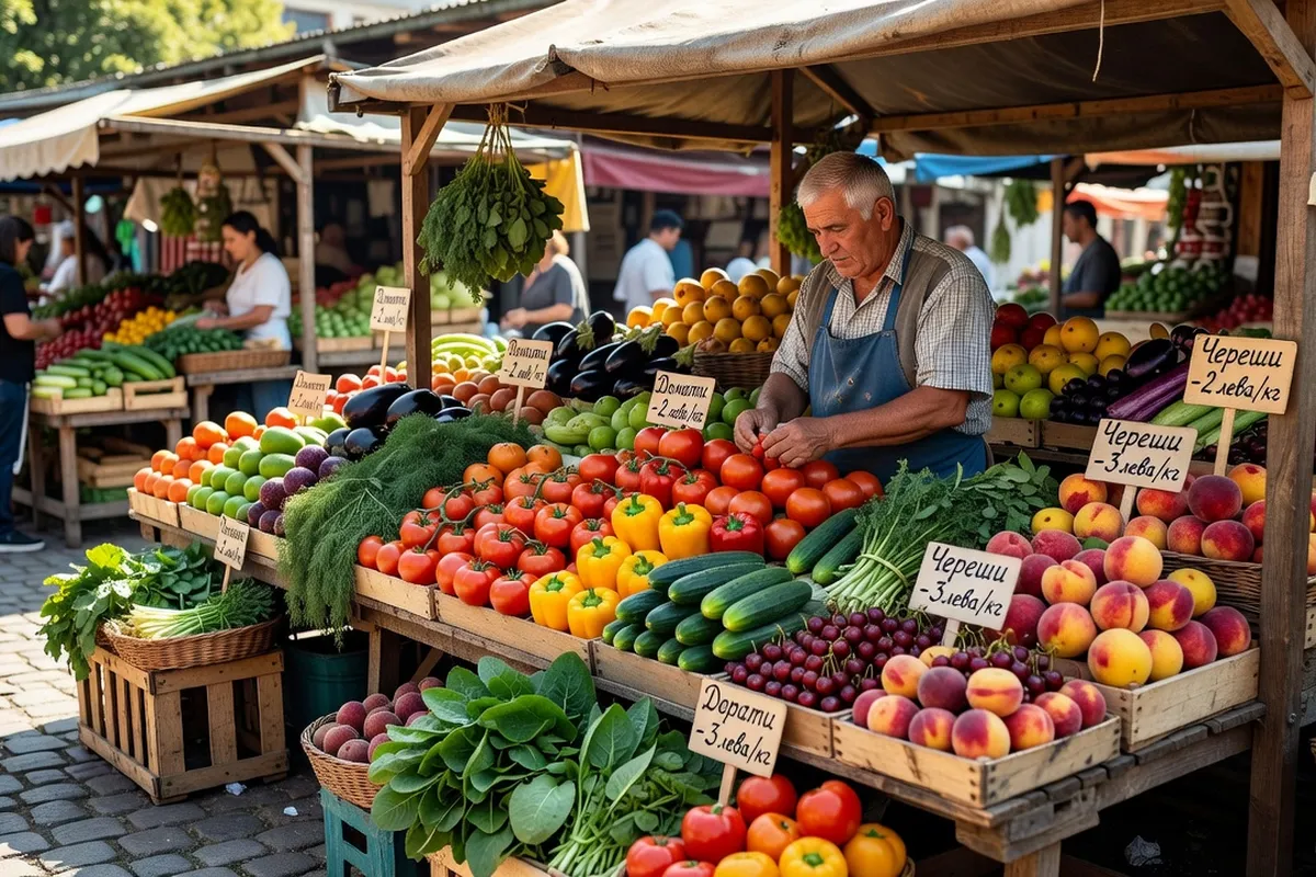 Marché local bulgare avec fruits et légumes à petit prix