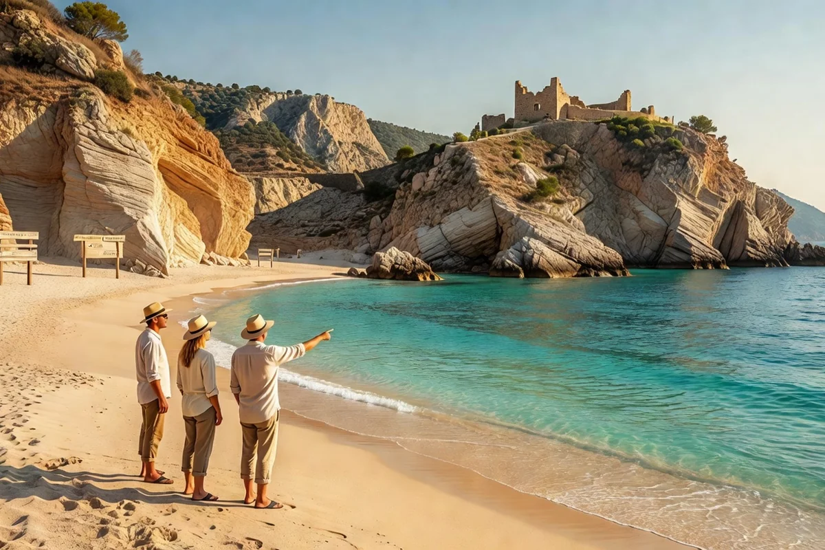 Crique en demi-lune de Bolata près du cap Kaliakra, baigneurs sur le sable