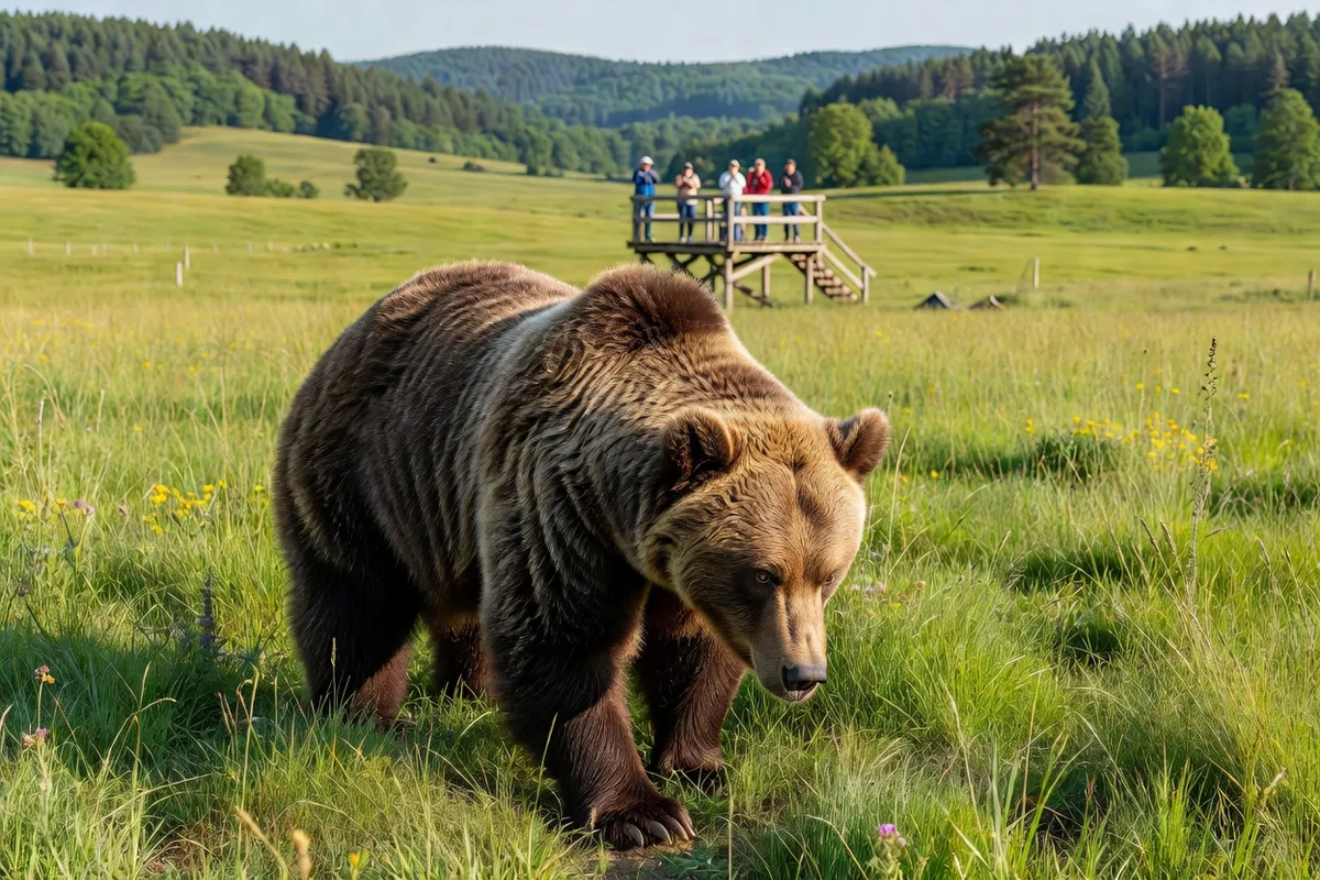 Ours brun dans la prairie du sanctuaire des ours de Belitsa avec des visiteurs en arrière-plan