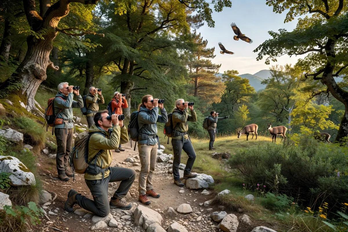 Randonneurs équipés de jumelles observant la faune sur un sentier des Rhodopes en Bulgarie