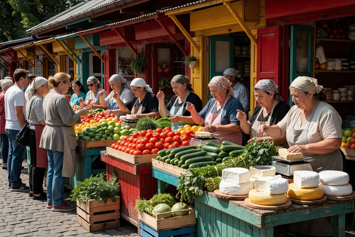 Étaux colorés du Zhenski Pazar à Sofia avec vendeurs et clients en pleine négociation autour de fruits, légumes et fromages frais