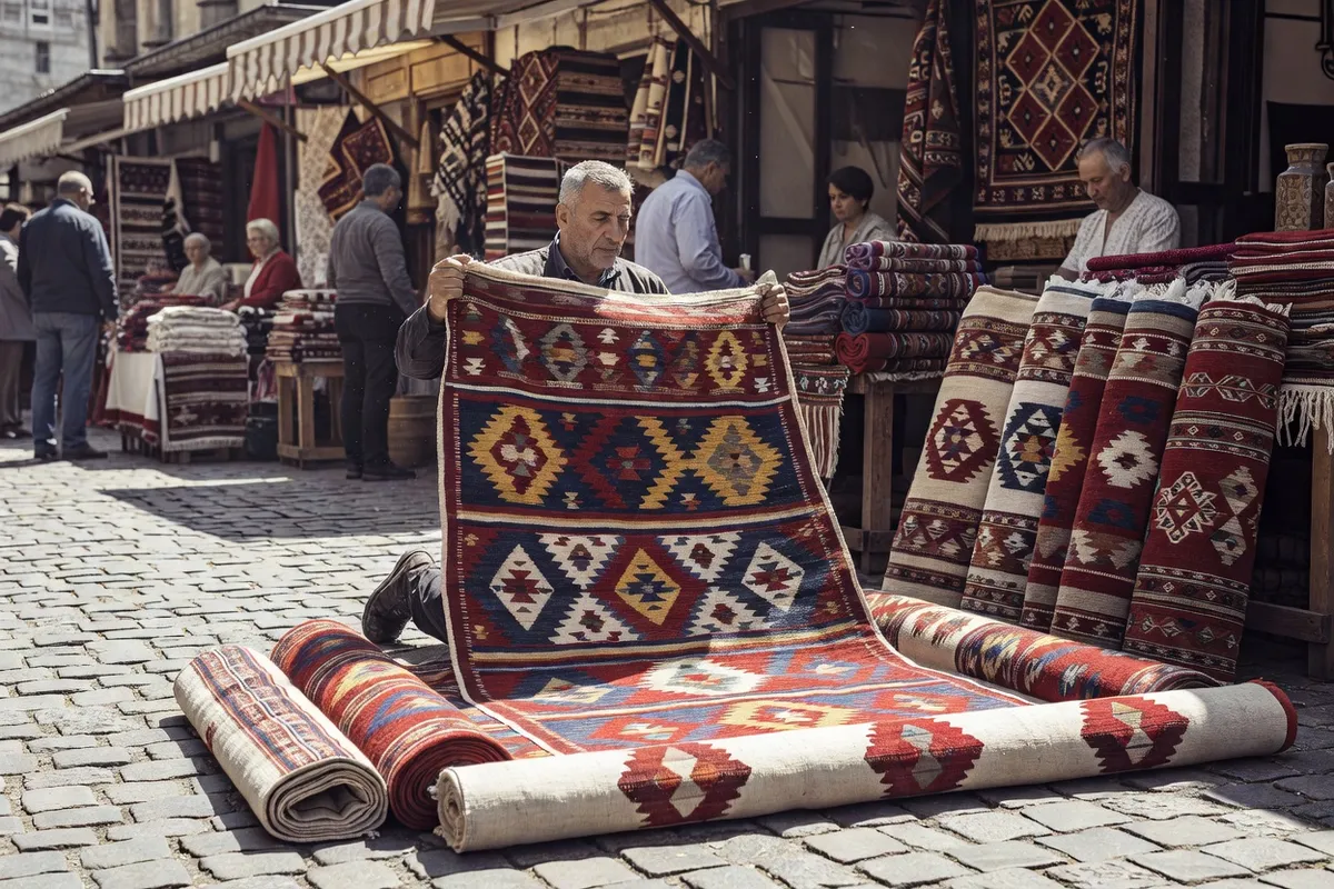 Marchand déroulant des kilims traditionnels de Chiprovtsi aux motifs géométriques sur un marché artisanal bulgare
