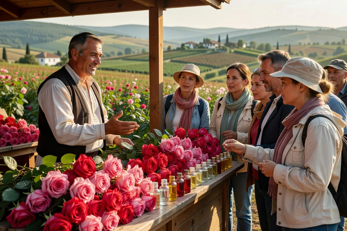 Touristes observant un étal de roses fraîches et fioles d’huile essentielle à Kazanlak avec un producteur bulgare