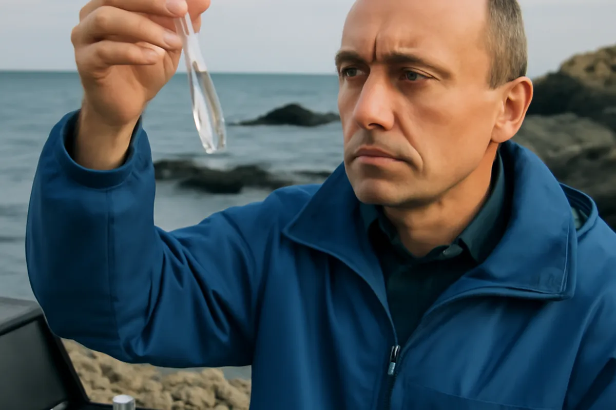 Océanographe bulgare examinant un échantillon d'eau sur la côte de Varna