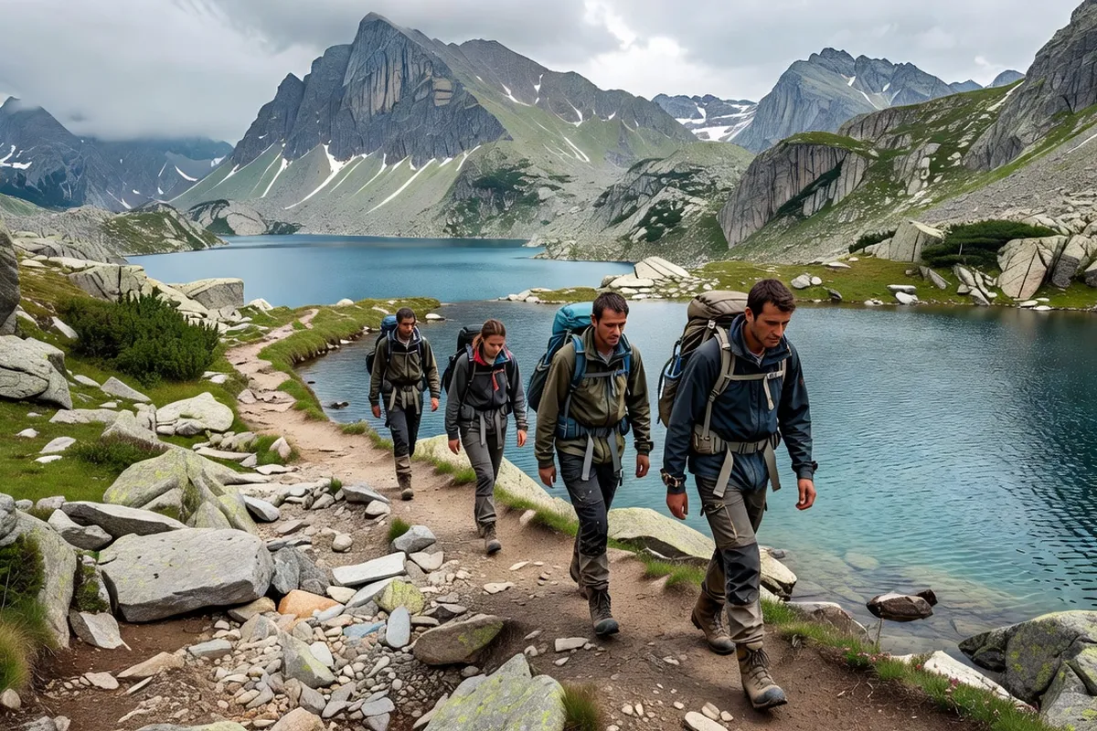 Randonneurs au bord des Sept Lacs de Rila en Bulgarie