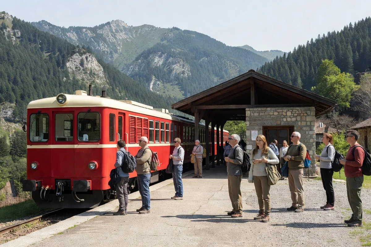 Train à voie étroite rouge et crème traversant la vallée verdoyante des Rhodopes en Bulgarie