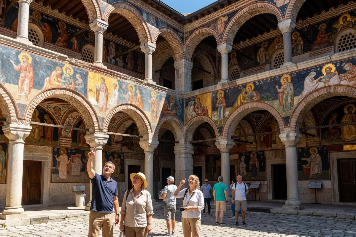 Cour intérieure du monastère de Bachkovo en Bulgarie, arcades et fresques byzantines