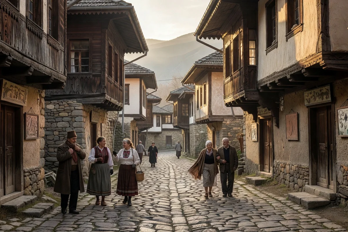 Ruelle pavée de Shiroka Laka dans les Rhodopes, maisons traditionnelles en bois et pierre