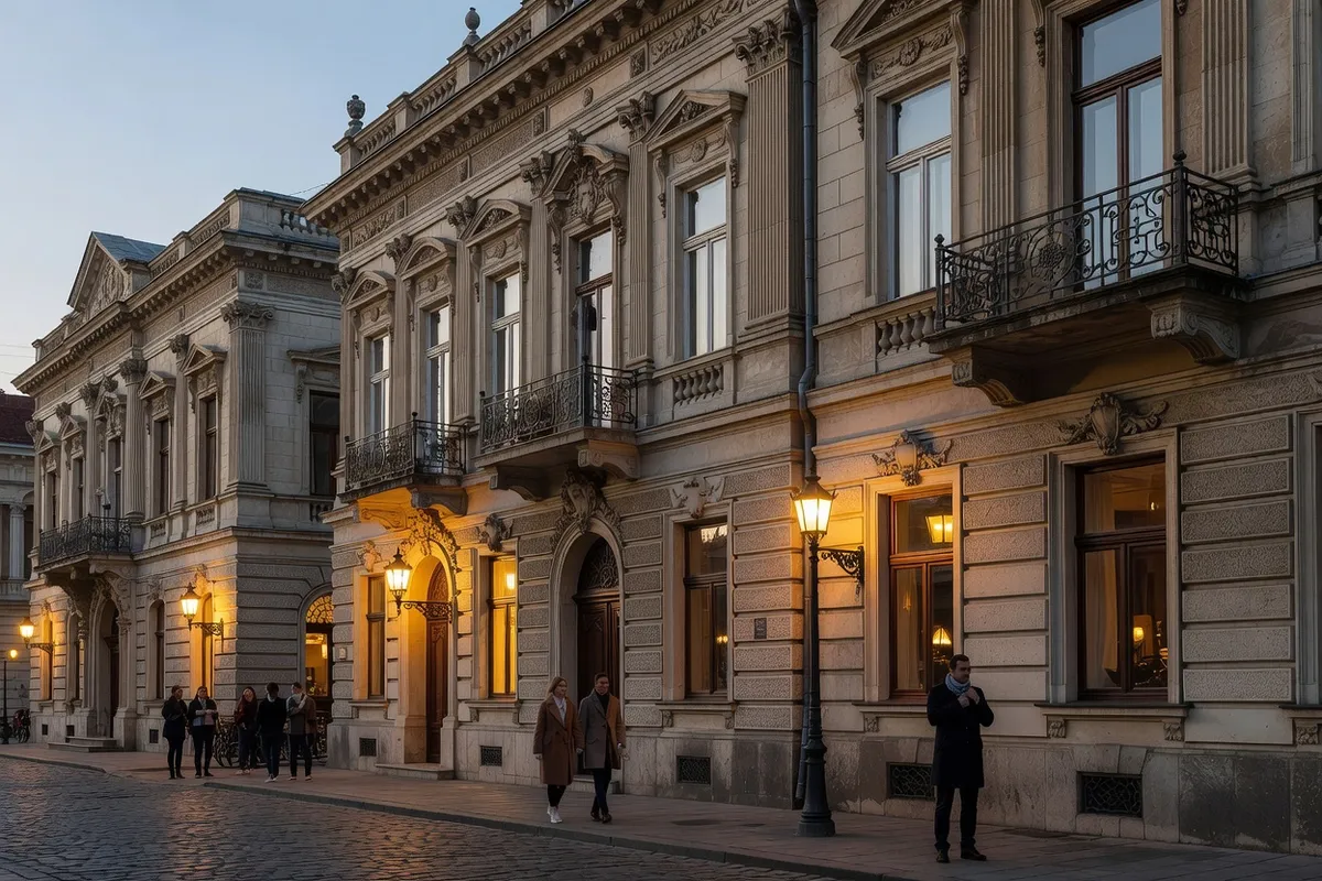 Façades néobaroques éclairées au crépuscule dans le centre historique de Ruse avec des passants