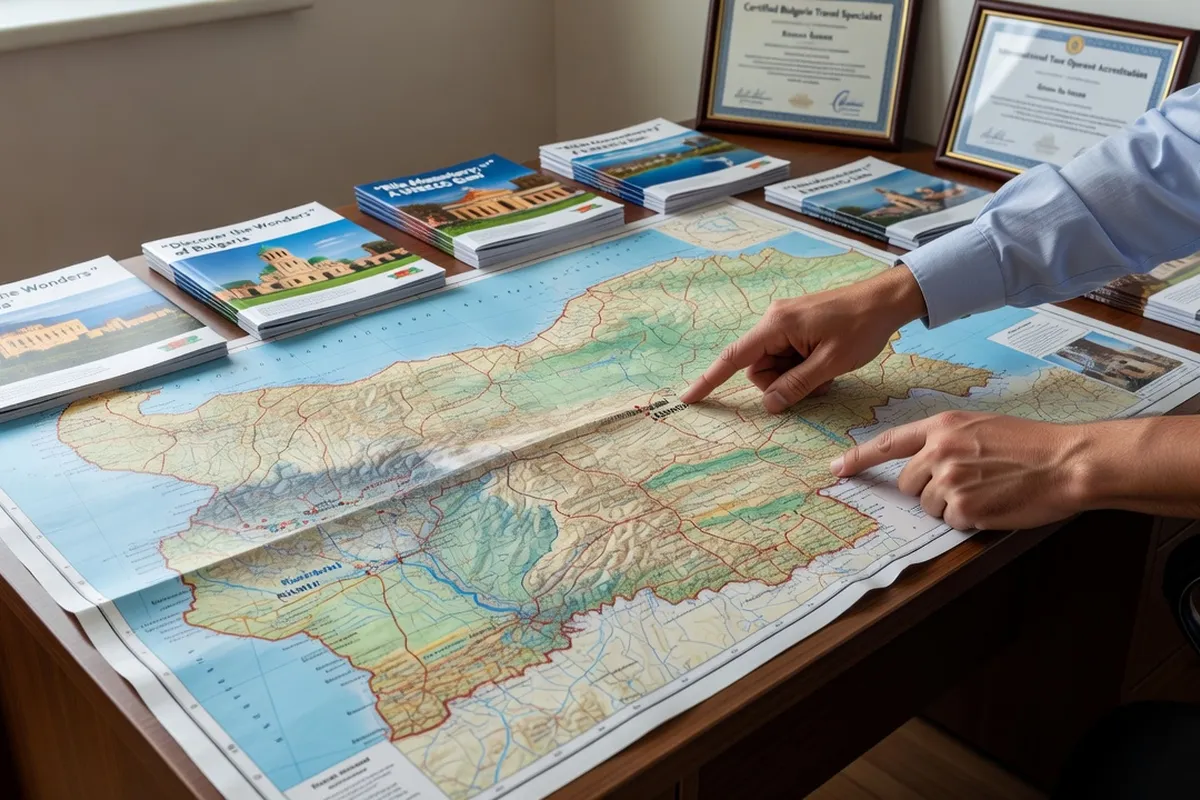 Bureau d'agence de voyage spécialiste Bulgarie avec conseiller et carte du pays