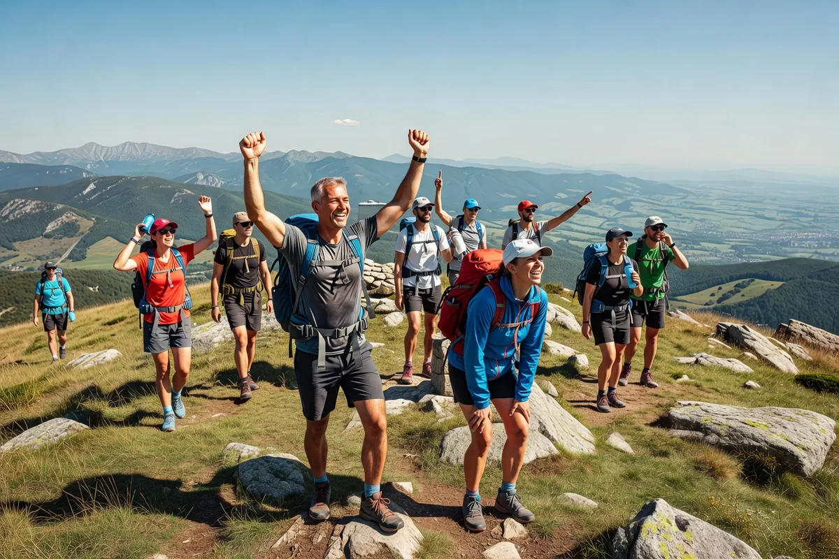 Randonneurs arrivant au sommet de Cherni Vrah sur le mont Vitocha en été