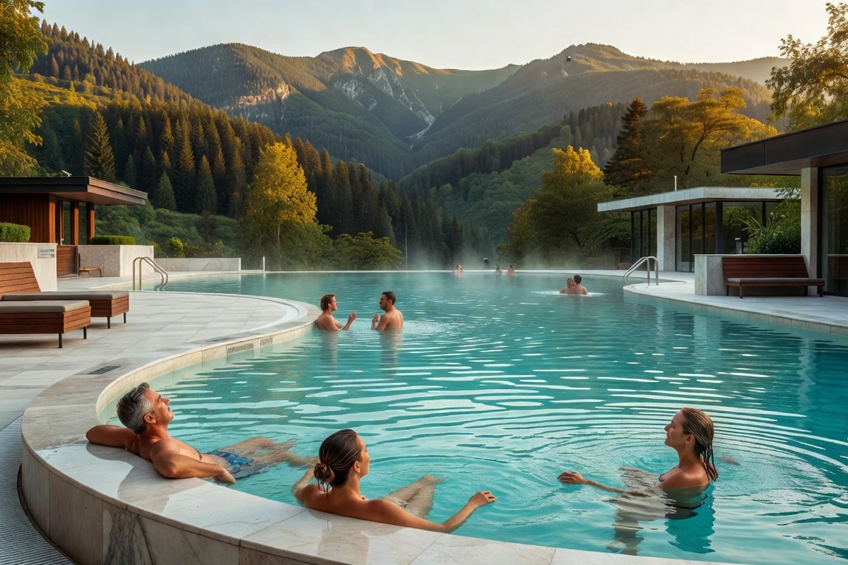Baigneurs adultes détendus dans une piscine thermale extérieure entourée des montagnes des Rhodopes en Bulgarie