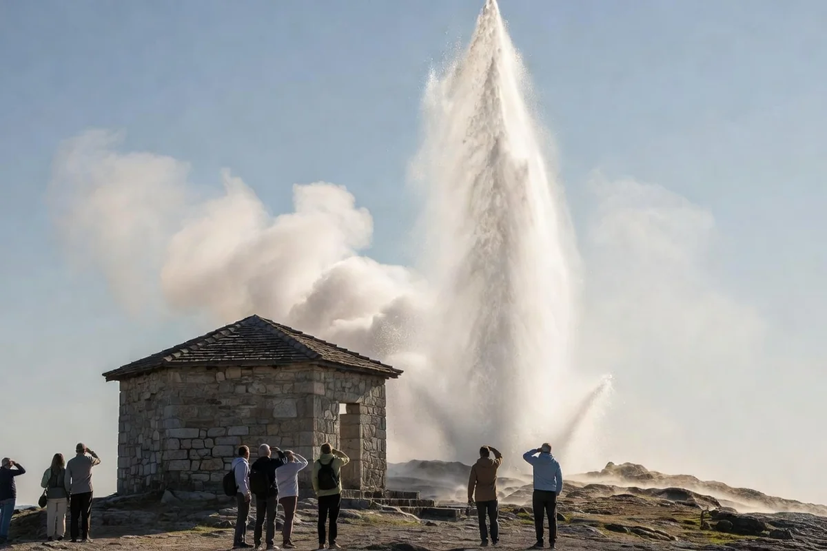 Le geyser de Sapareva Banya jaillissant à 103 degrés devant son pavillon de pierre, des visiteurs observent à distance