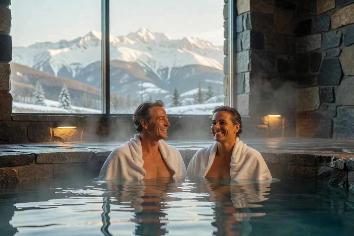 Couple d’adultes souriant dans un bassin thermal intérieur d’un hôtel spa bulgare, montagne enneigée visible par la baie vitrée