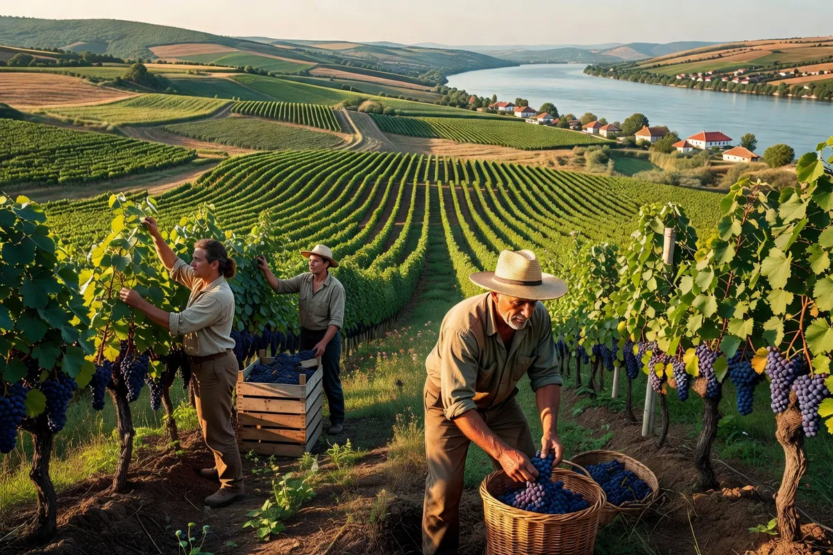 Vignobles de la vallée du Danube avec vignerons au travail près de Svishtov