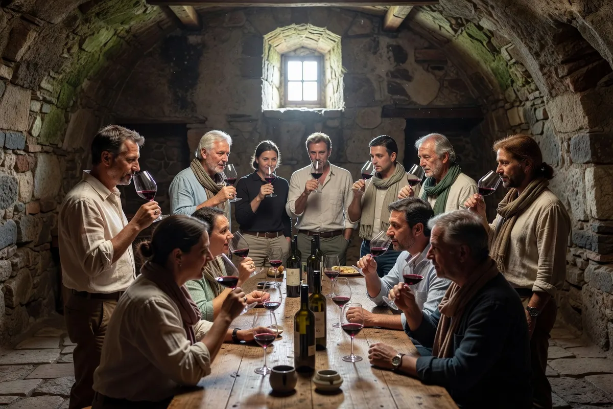 Dégustation de vin bulgare dans une cave traditionnelle de Melnik avec des visiteurs francophones