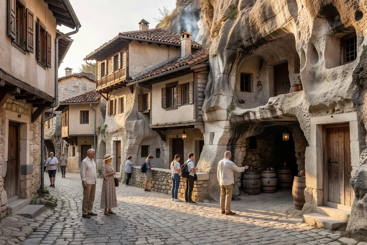Rue historique de Melnik avec ses caves traditionnelles creusées dans la roche et visiteurs