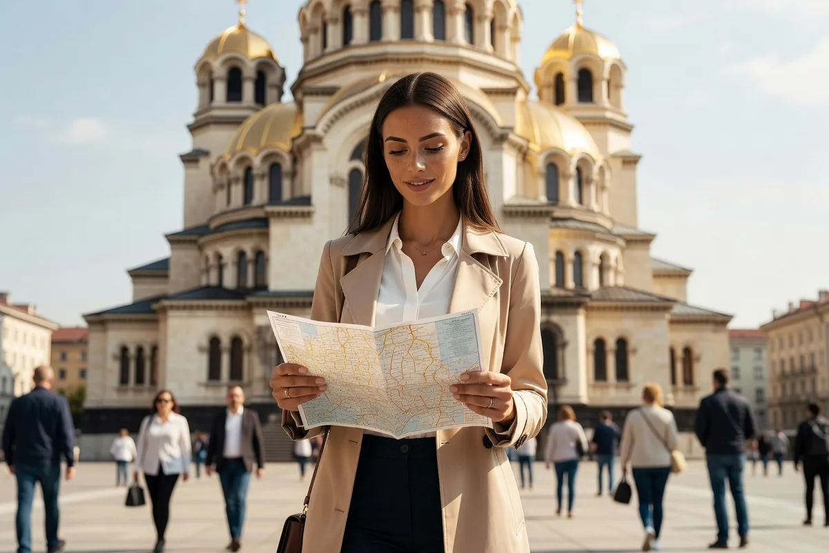 Voyageuse consultant une carte devant la cathédrale Alexandre-Nevski à Sofia