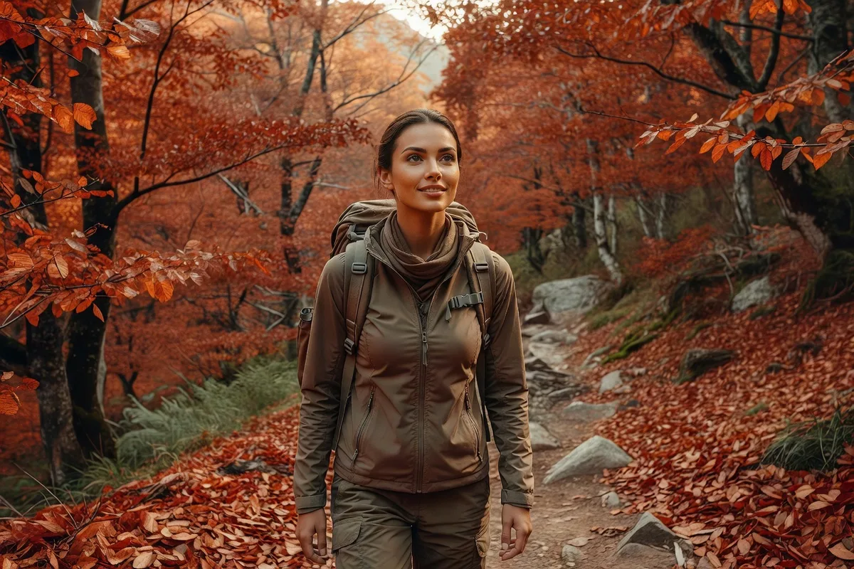 Voyageuse marchant sur un sentier des Rhodopes en Bulgarie à l'automne