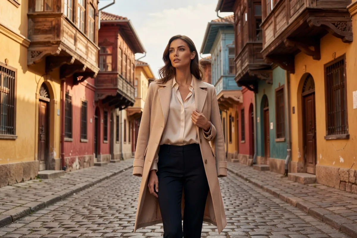 Voyageuse devant les maisons colorées de la vieille ville de Plovdiv