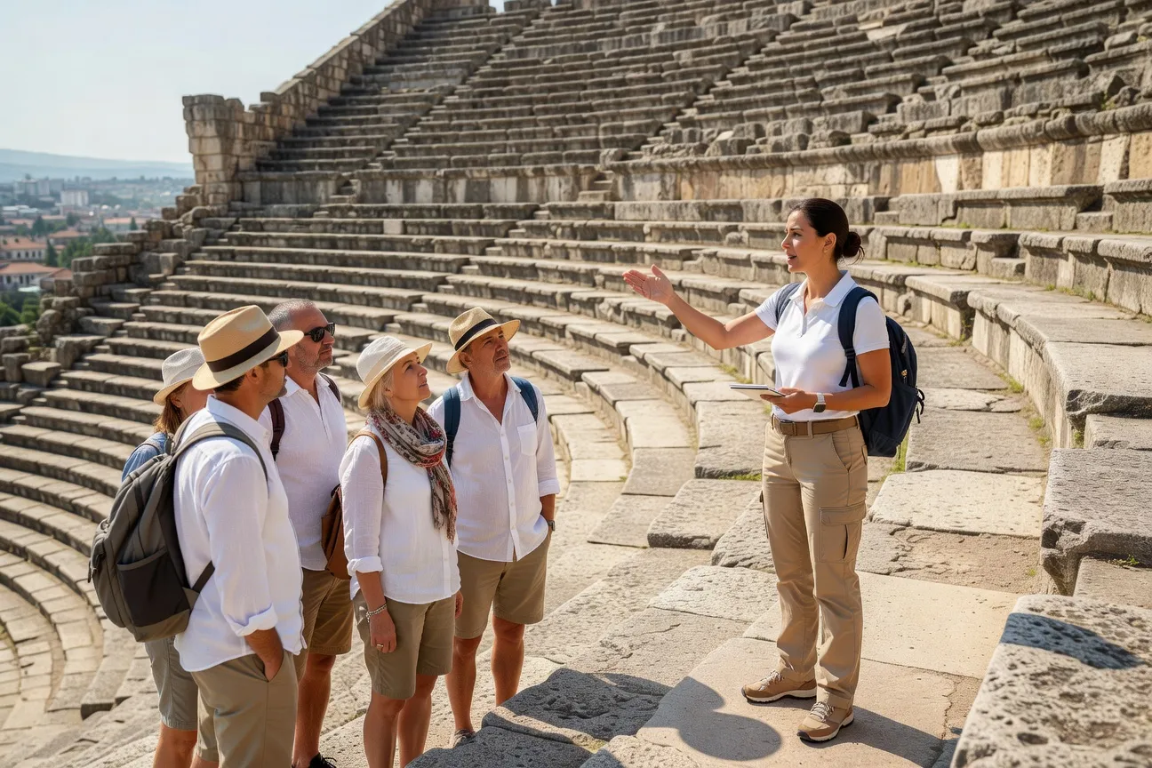 Petit groupe francophone écoutant une guide bulgare à l'amphithéâtre romain de Plovdiv