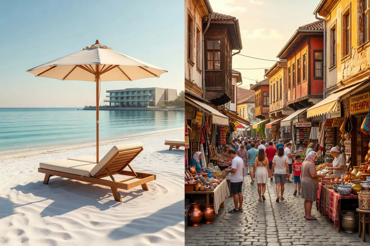 Comparaison entre transat d'hôtel vide et rue animée de Plovdiv avec habitants