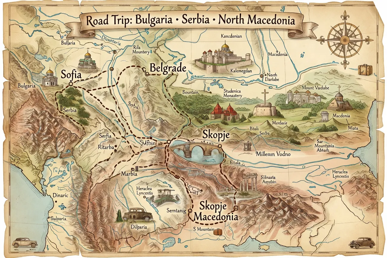 Carte illustrée de l'itinéraire road trip Bulgarie-Serbie-Macédoine avec étapes principales