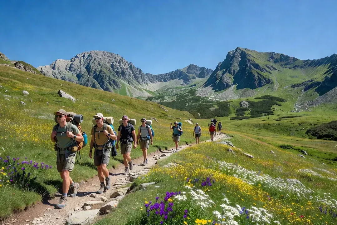 Randonneurs sur un sentier du parc national du Pirin en été avec panorama sur les Rhodopes