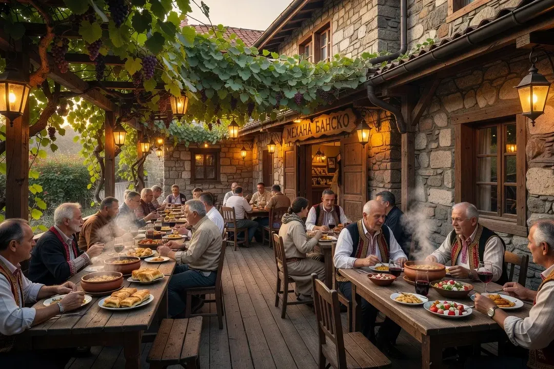 Vieille ville de Bansko, taverne typique en pierre, terrasse animée avec architecture bulgare traditionnelle