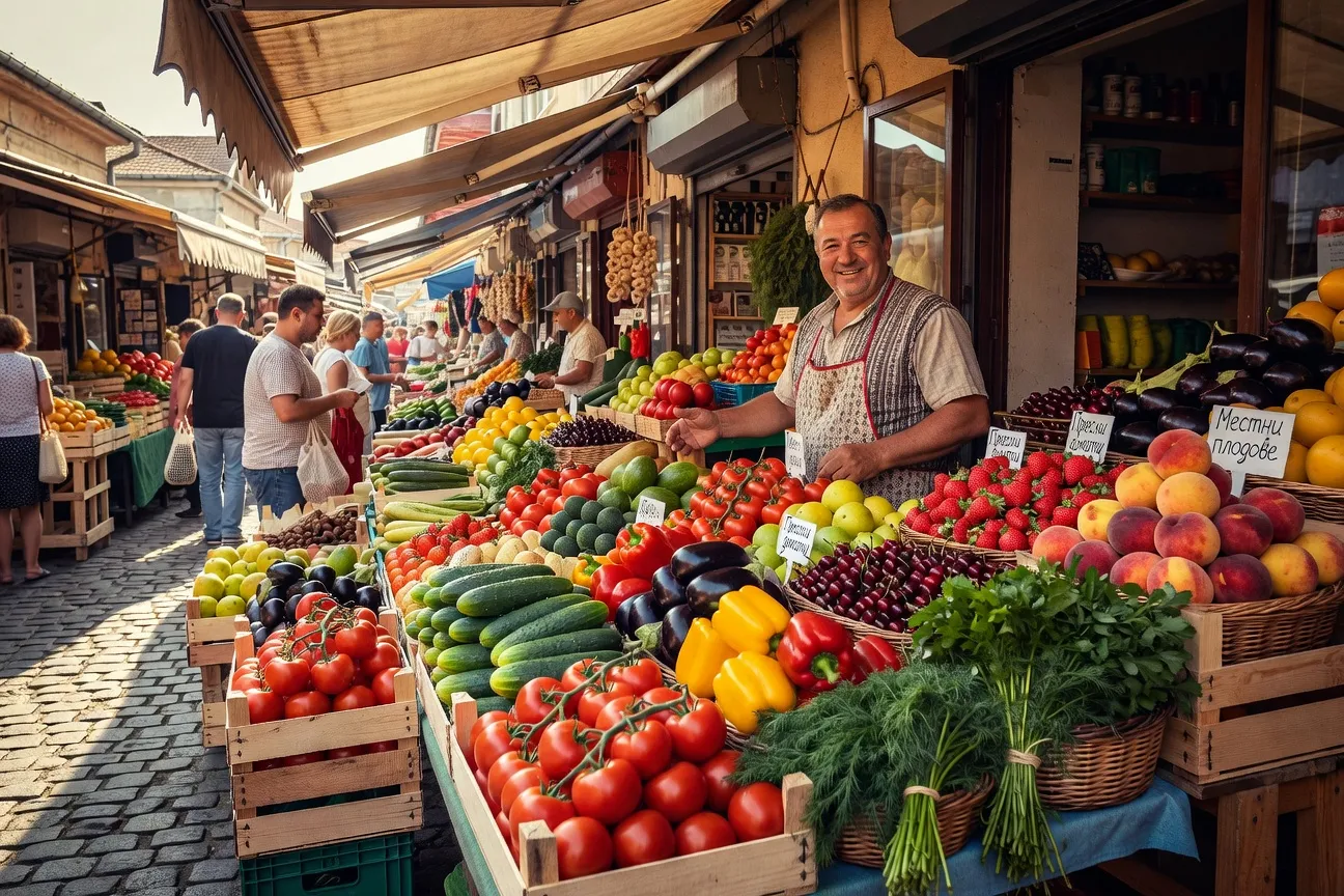 Marché bulgare local avec produits frais et légumes colorés, économies bons plans