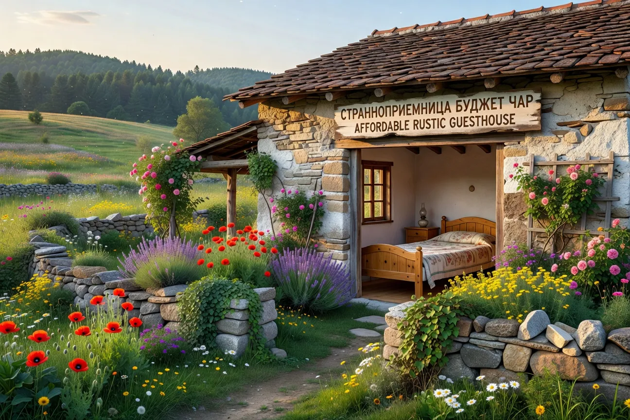Guesthouse rustique en campagne bulgare, jardin fleuri et hébergement économique authentique
