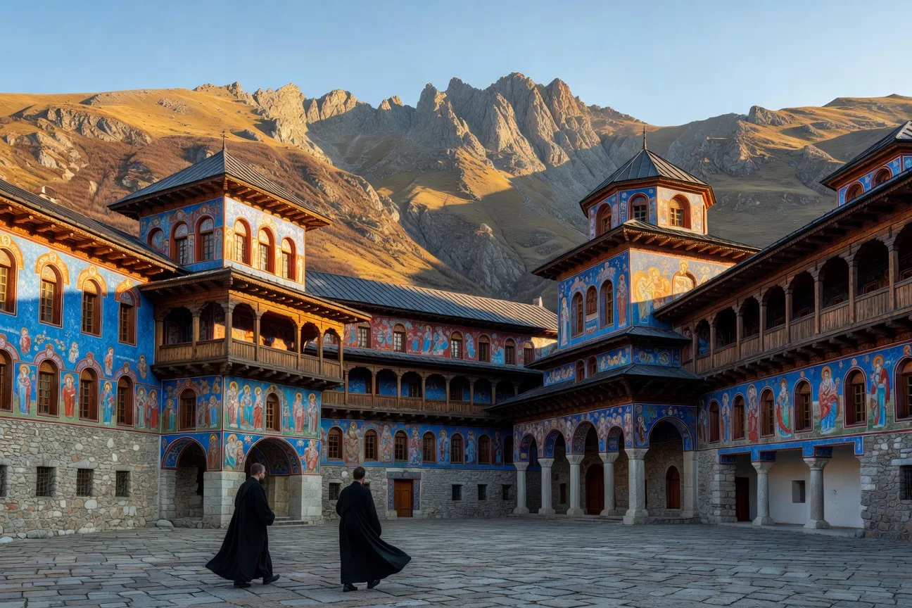 Cour intérieure du monastère de Rila avec fresques colorées et moines en habits noirs