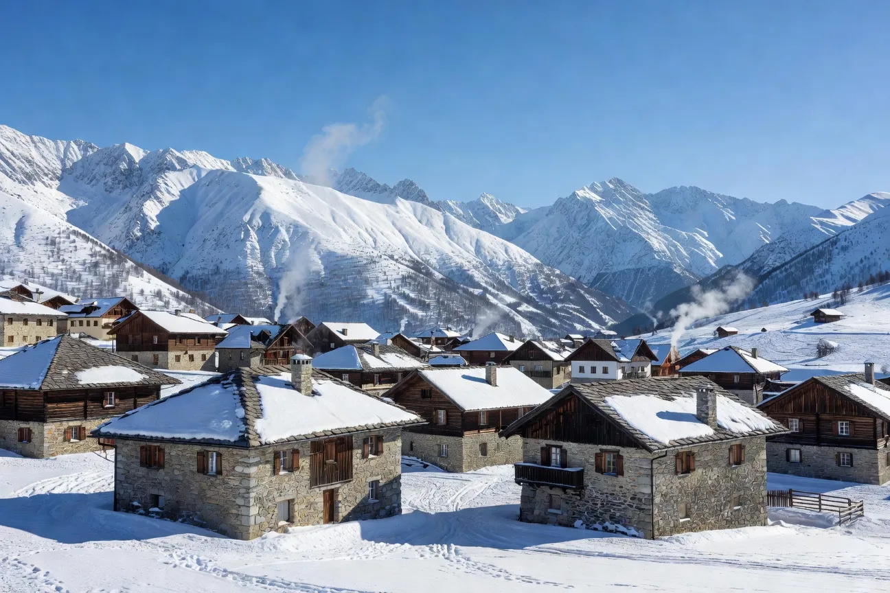 Vue panoramique de Bansko en hiver avec maisons traditionnelles et montagnes du Pirin
