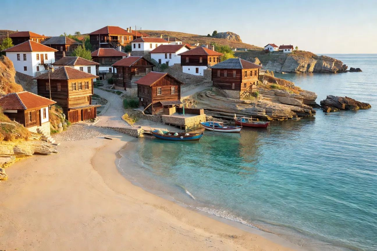 Sozopol Bulgarie, vieille ville de pêcheurs sur presqu'île avec plage turquoise et maisons en bois
