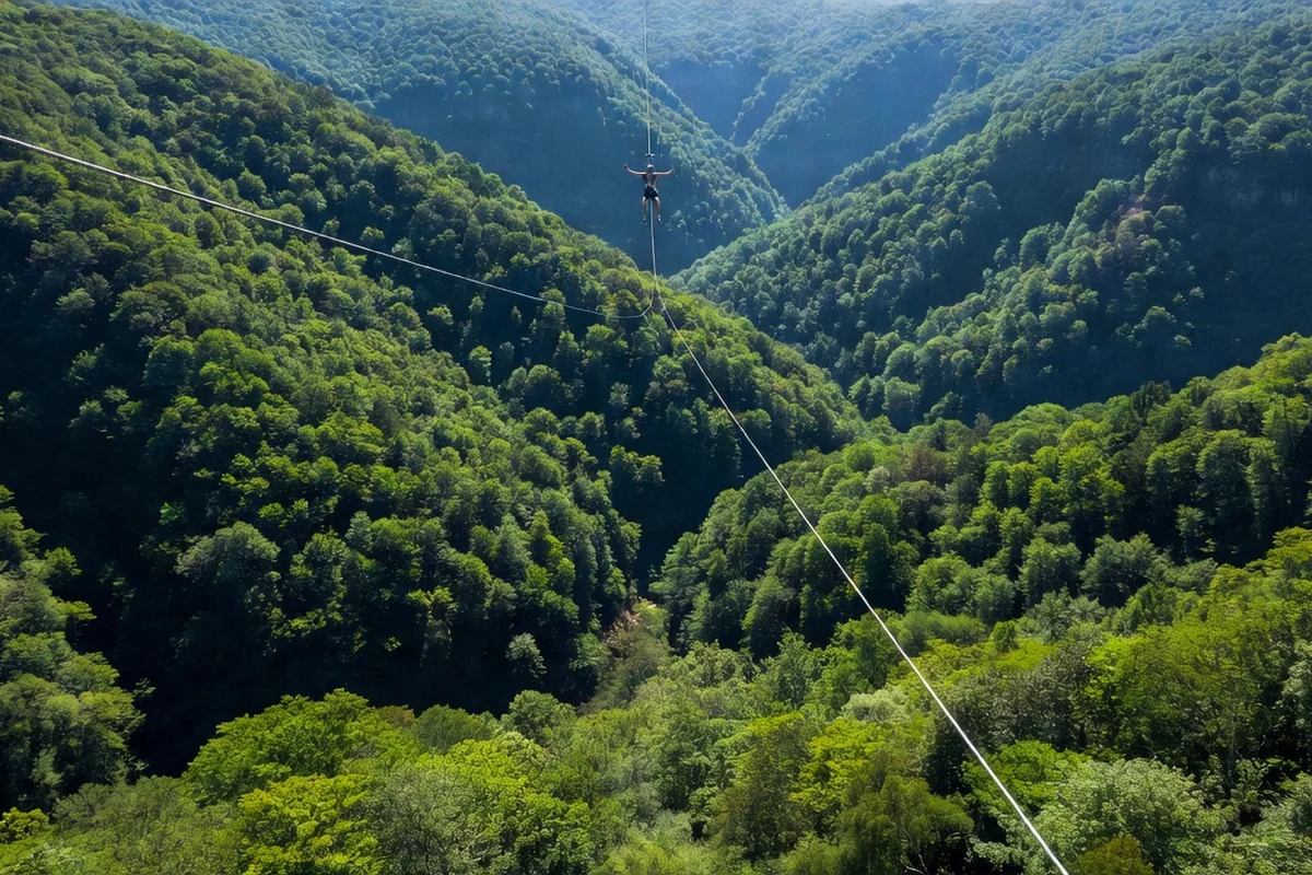 Tyrolienne au-dessus d'une forêt de montagne en Bulgarie