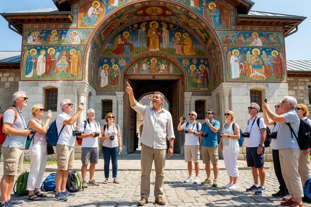 Groupe de voyageurs avec guide devant l'entrée principale du monastère de Rila, Bulgarie