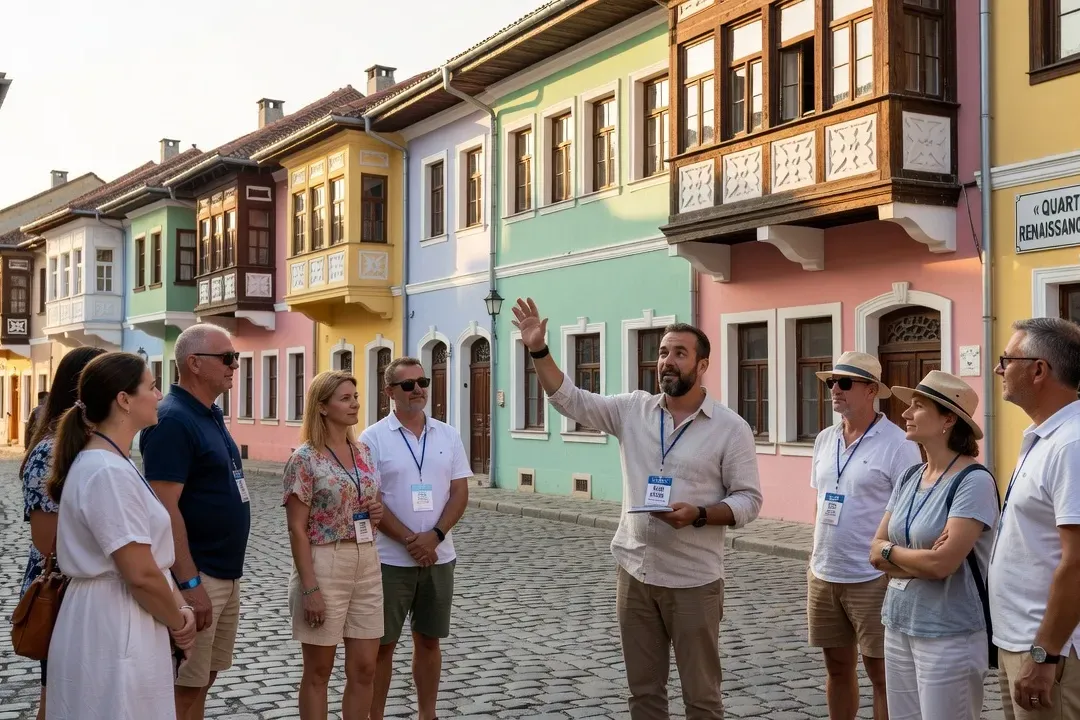 Guide bulgare francophone présentant l'histoire de la vieille ville de Plovdiv à un groupe de voyageurs français sous un soleil d'été