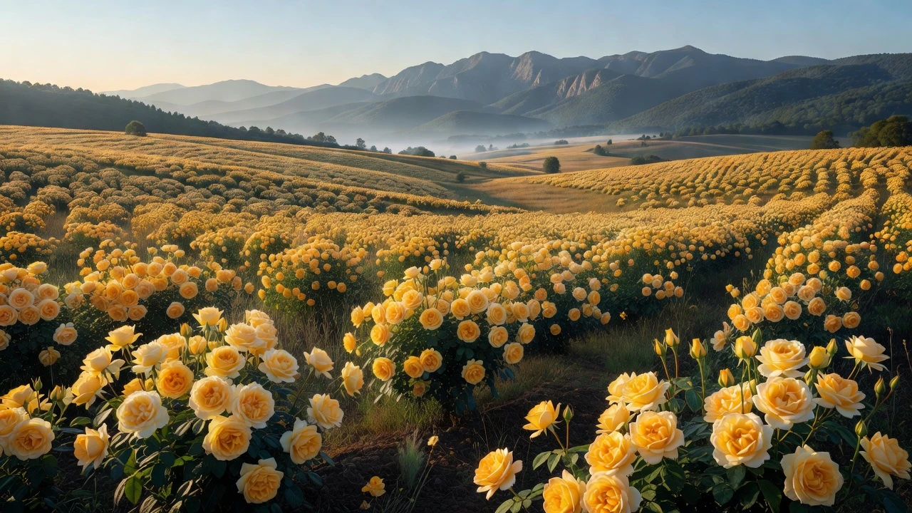 Vue panoramique de la vallée des Roses et des montagnes bulgares au printemps