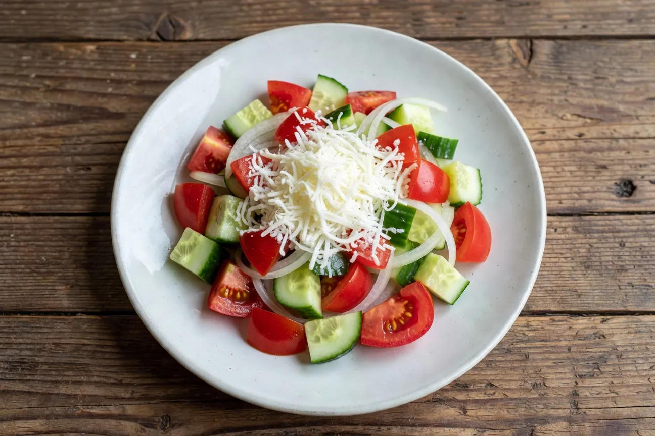 Shopska salata bulgare avec tomates concombres et sirene rapée sur table en bois
