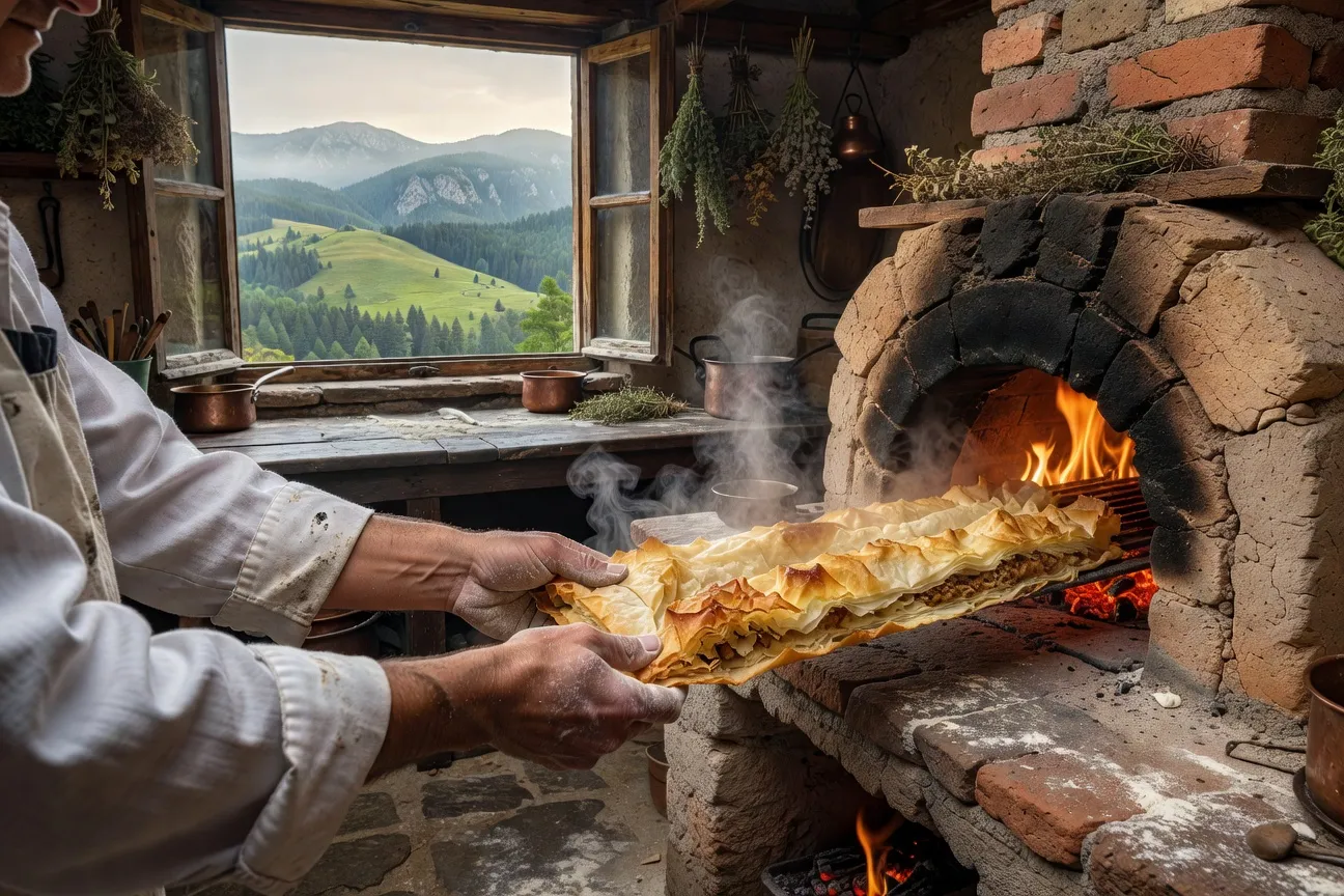 Banitsa bulgare sortant du four en pâte filo dorée dans une cuisine rustique des Rhodopes