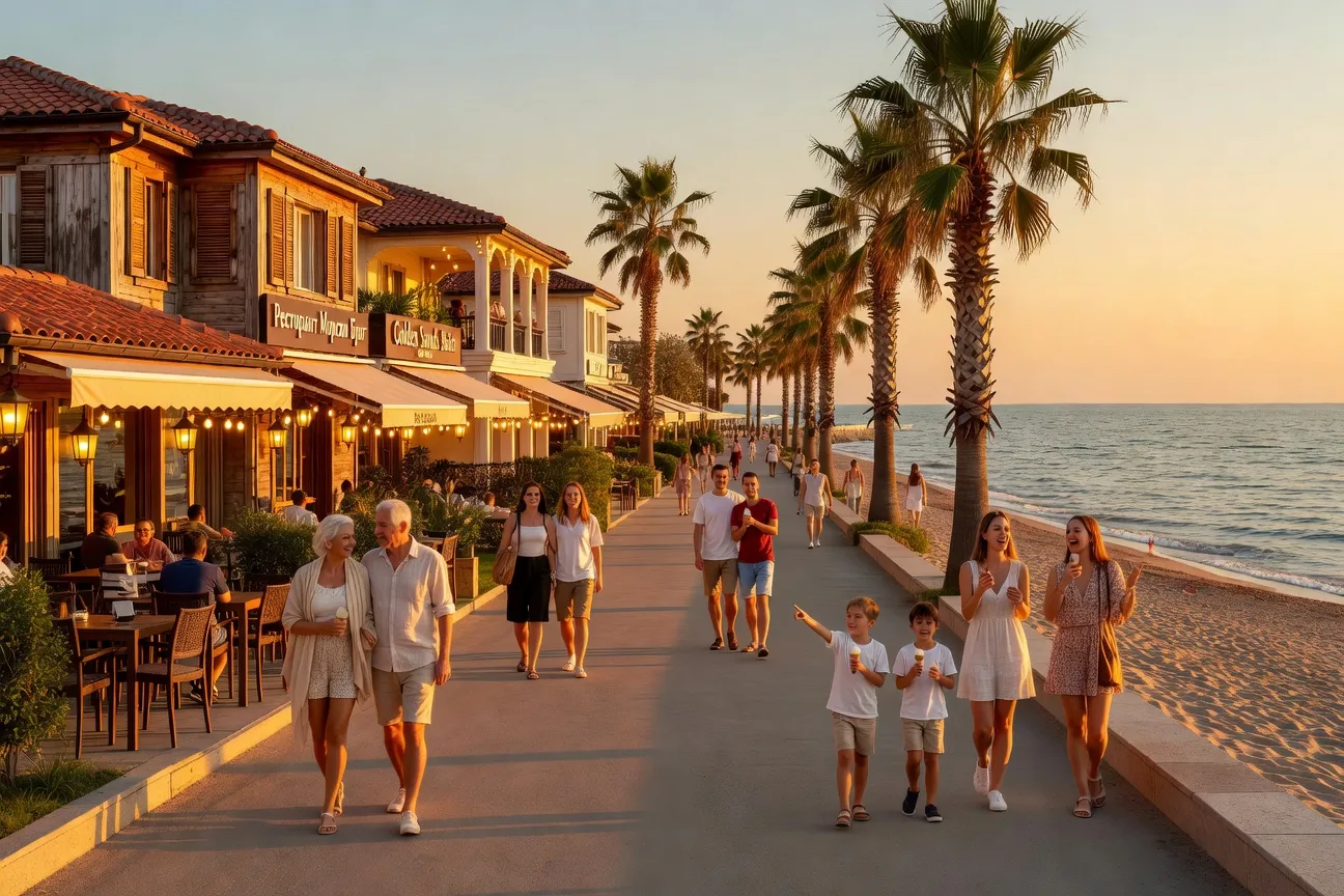 Promenade en bord de mer à Sables d'Or avec restaurants et palmiers en soirée