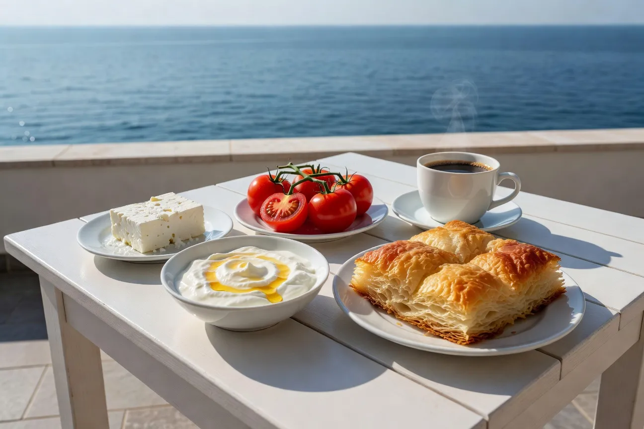 Petit-déjeuner bulgare en terrasse d'hôtel face à la mer Noire
