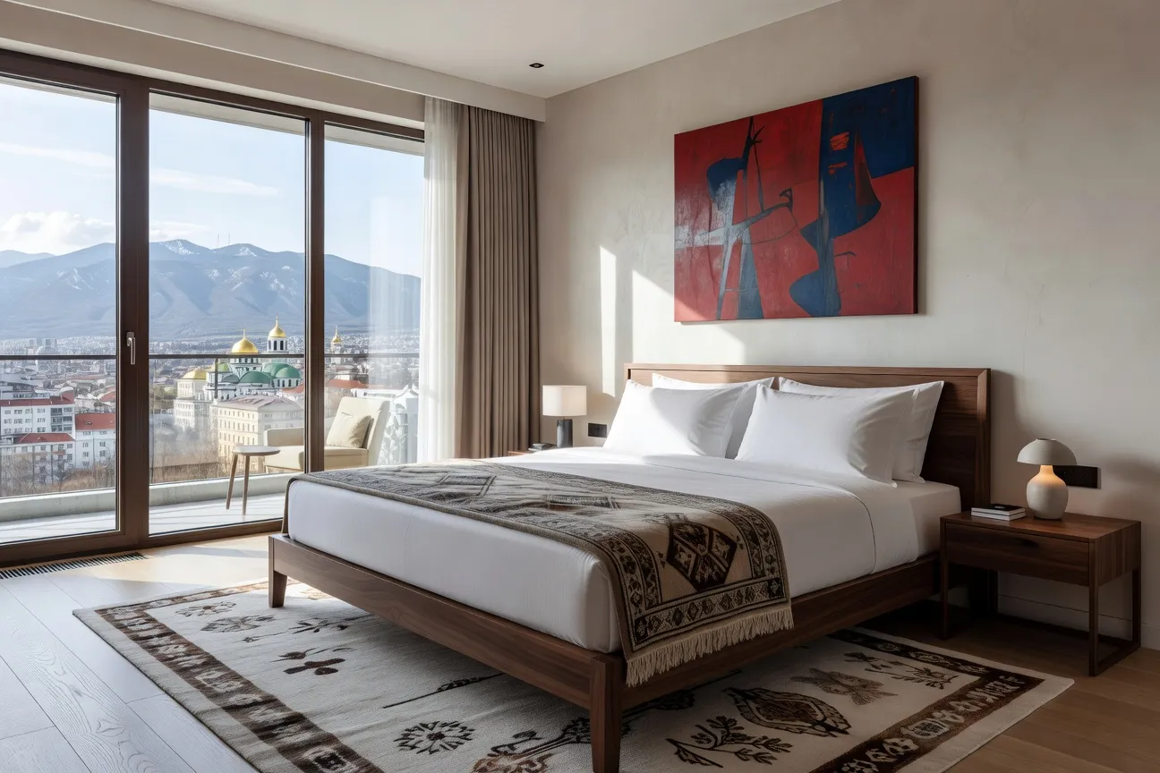 Terrasse d'un hôtel boutique à Sofia avec vue sur les toits de la ville et les montagnes Vitosha en arrière-plan