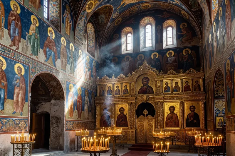 Fresques du XIXe siècle dans l'église du monastère de Rila — école de Samokov, couleurs vives sur fond bleu