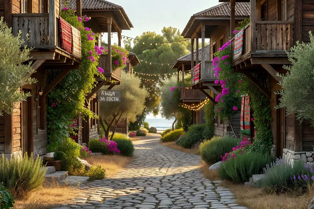 Ruelle pavée de Sozopol avec maisons en bois du XVIIIe siècle et végétation méditerranéenne
