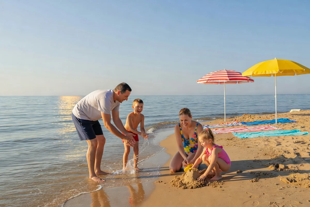 Famille avec enfants au bord de l'eau sur une plage de la mer Noire en Bulgarie